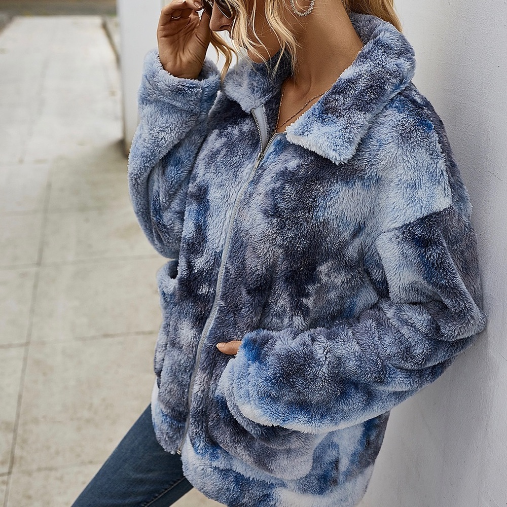 Soft Tie Dye Sherpa Fleece Jacket w/ Pockets Dark - Picture 6 of 7